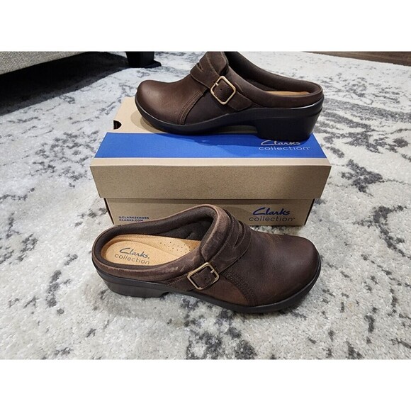 Clarks Shoes - Clarks Women's Angie Braley Mule, BROWN Slate Leather Size 6.5 M